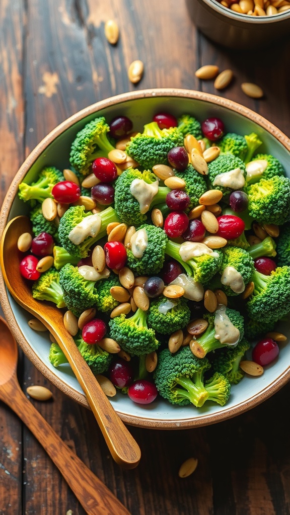 A fresh and colorful broccoli salad with cranberries and sunflower seeds in a creamy dressing on a rustic table.
